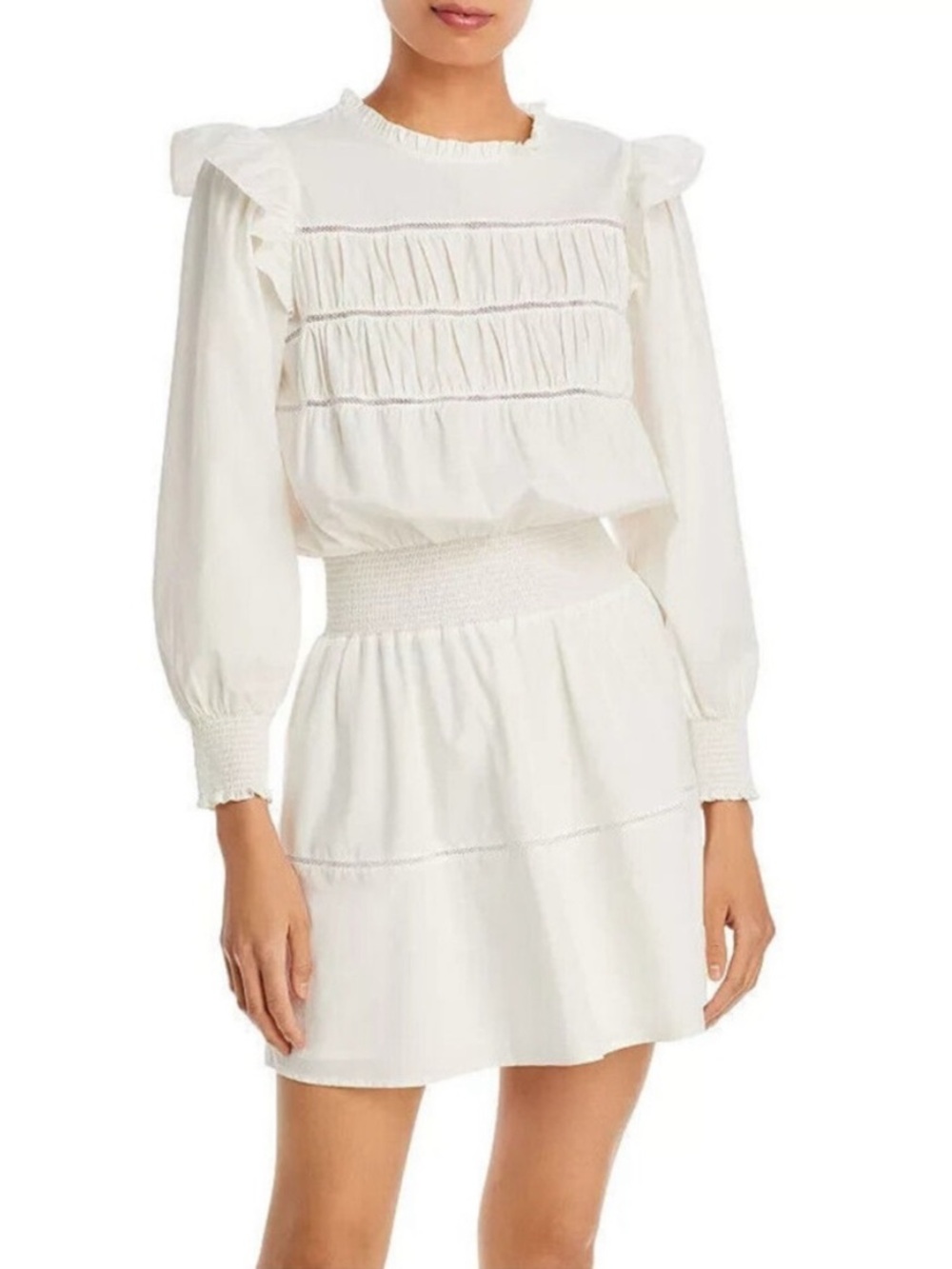 Rails White Long-Sleeve Smocked Waist Faren Ruffle Dress Size M